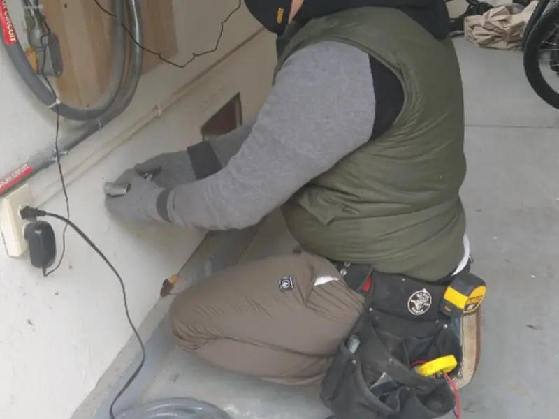 Electrician performing outlet wiring in a Brookings garage
